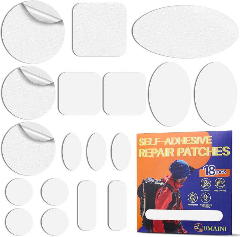 umaini Down Jacket Repair Patch Kit, Outdoor Gear Tenacious Repair Tape, Self Adhesive Fabric Patches for Clothes, Waterproof Ripstop Nylon Fabric Patch for Puffer Jacket, Coat, Tent (18 Pcs, White) - Image 1